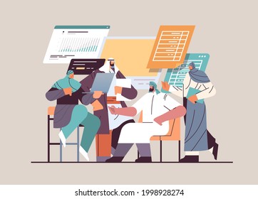 arabic businesspeople analyzing financial data on charts and graphs planning report market analysis accounting