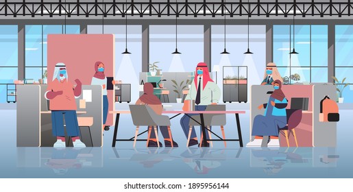 arabic businesspeople in masks discussing during meeting in creative coworking center coronavirus pandemic teamwork concept modern office interior horizontal full length vector illustration