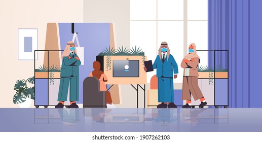 arabic businesspeople in masks making presentation in creative coworking center coronavirus pandemic teamwork concept modern office interior horizontal full length vector illustration