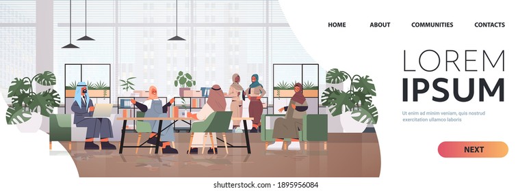 arabic businesspeople in masks working together in creative coworking center coronavirus pandemic teamwork concept modern office interior horizontal full length copy space vector illustration