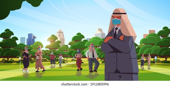 arabic businesspeople wearing protective masks to prevent coronavirus pandemic covid-19 quarantine concept arab business people walking outdoor cityscape background horizontal vector illustration