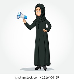 Arabic Businesswoman cartoon Character in traditional clothes holding a megaphone isolated on white background