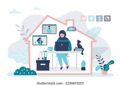Arabic businesswoman or freelancer at home office. Distant work, muslim female employee use laptop. House silhouette, woman entrepreneur work remotely, self-employment. New business technology. 