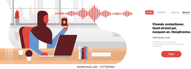 arabic businesswoman hold phone intelligent voice personal assistant recognition sound waves technology concept office interior background artificial intelligence horizontal banner copy space flat