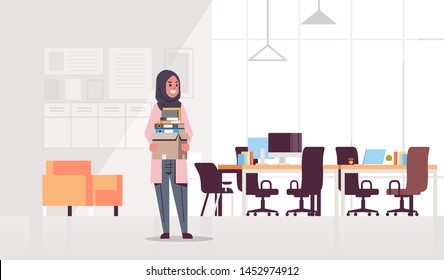 arabic businesswoman office worker holding box with stuff things new job business concept creative workplace modern office interior flat full length horizontal