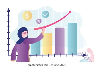 Arabic businesswoman planning profit when stock market rises. Business vision, profitable investment strategy. Successful muslim woman investor looks into future, analysis and risk management. vector