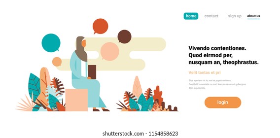 arabic businesswoman sitting using laptop chat bubble communication concept business woman cartoon character flat horizontal copy space vector illustration