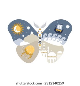 Arabic butterfly magic ethno history tale fairytale kids room decor poster logo decoration t-shirt design print nursery little wall design abstract inspiration arab national sun moom sea star cloud 