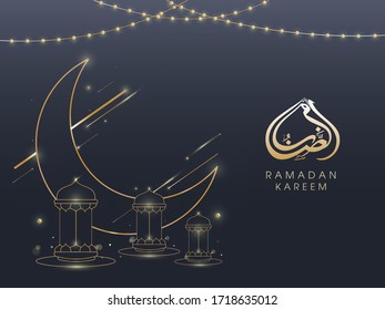 Arabic calligraphic golden text Ramadan Kareem, line-art illustration of crescent moon, lanterns, and lights on grey backgrond. Islamic holy month of prayers concept.