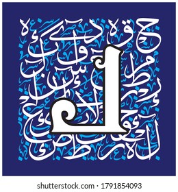 Arabic Calligraphy Alphabet letters or font in mult color kufic and thuluth style, Stylized Blue and white islamic calligraphy elements on white background, for all kinds of religious design
