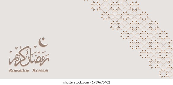 Caligrafía árabe y tarjeta de saludo de diseño arabesco para Ramadan Kareem, detalle ornamental islámico de mosaico aislado en un fondo claro