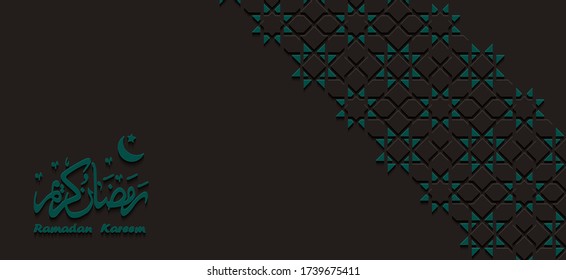 Arabic calligraphy and arabesque design greeting card for Ramadan Kareem,Islamic ornamental detail of mosaic isolated on a dark background