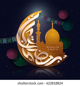 Diseño de caligrafía árabe para Ramadan Kareem, con creciente, imagen de mezquita y banderas de colores