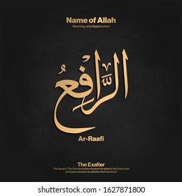 Arabic calligraphy design vector "Ar-Raafi  " translation is (The Exalter, The Elevator ) one of 99 names of Allah - Asmaul Husna - Islamic text 