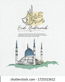 Arabic calligraphy "Eid Mubarak" greeting means "blessed celebration". Hand drawn of mosque for  eid mubarak greeting