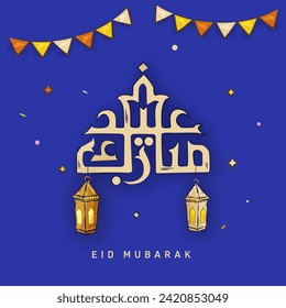 Arabic Calligraphy Of Eid Mubarak with Hanging Lanterns and Bunting Flags on Blue Background for Islamic Festival Celebration Concept.