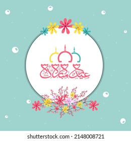 Arabic Calligraphy Of Eid Mubarak On Circular Frame Decorated With Floral Against Pastel Turquoise Background.