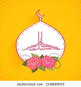 Arabic Calligraphy Of Eid Mubarak With Rose Flowers, Paper Mosque Shape On Orange Background.