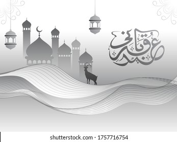 Arabic Calligraphy of Eid-Al-Adha Mubarak with Mosque, Silhouette Goat, Hanging Lanterns and Abstract Line Waves on Glossy Grey Background.