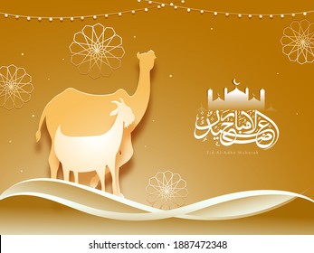 Arabic Calligraphy of Eid-Al-Adha Mubarak with Mosque, Paper Cut Camel and Goat on Golden Mandala Pattern Background.