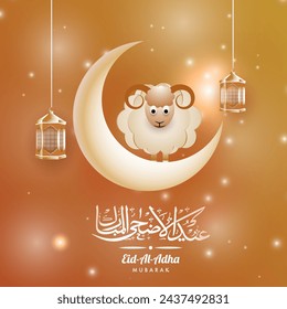 Arabic Calligraphy of Eid-Al-Adha Text with Crescent Moon, Cartoon Sheep and Hanging Lanterns Decorated on Golden Lights Effect Background.