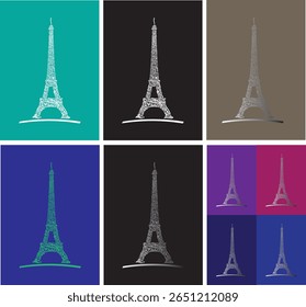 Arabic calligraphy Eiffel Tower design in pop art style, blending Parisian architecture with Islamic art across vibrant color backgrounds.
