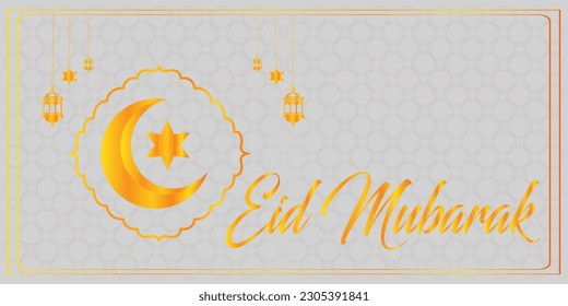 Arabic calligraphy and an islamic crescent moon for Eid Mubarak. Eid Mubarak design with creative design ornament. Golden luxury ornamental background with islamic patten and decorative ornament.