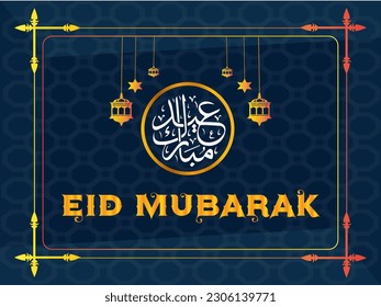 Caligrafía árabe y luna creciente islámica para Eid Mubarak. Diseño de Eid Mubarak con adorno de diseño creativo. Dorado de lujo, fondo ornamental con paté islámico y adorno decorativo.