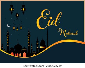 Arabic calligraphy and an Islamic crescent moon for Eid Mubarak Eid Mubarak design with creative design ornament Golden luxury ornamental background with Islamic pattern and decorative ornament