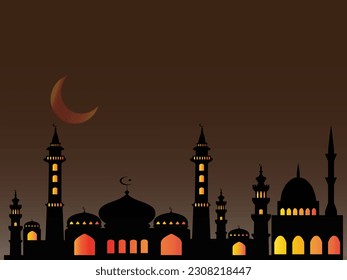 Arabic calligraphy and an islamic crescent moon for Eid Mubarak. Eid Mubarak design with creative design ornament. Golden luxury ornamental background with islamic patten and decorative ornament.