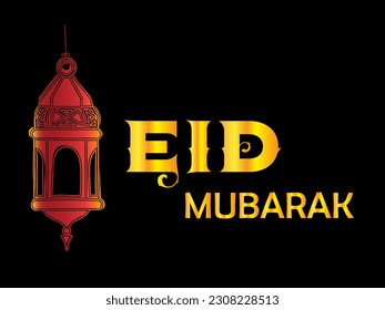 Arabische Kalligrafie und ein islamischer Halbmond für Eid Mubarak. Eid Mubarak Design mit kreativem Design Ornament. Goldener luxuriöser Zierhintergrund mit islamischem Muster und dekorativem Dekor.