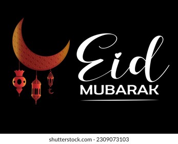 Arabic calligraphy and an islamic crescent moon for Eid Mubarak. Eid Mubarak design with creative design ornament. Golden luxury ornamental background with islamic patten and decorative ornament.