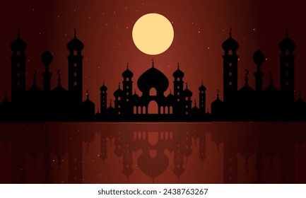 Arabic calligraphy and an islamic crescent moon for Eid Mubarak. Eid Mubarak design with creative design ornament. Golden luxury ornamental background with islamic patten and decorative ornament.