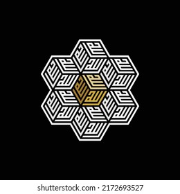 Arabic calligraphy of the name of Allah (God) in hexagon or cube shape.