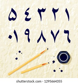Arabic calligraphy - numbers from 1 to 10. Bamboo pen for calligraphy. Blue ink. Lettering. Bamboo grunge paper.1
