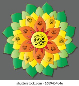 Arabic calligraphy with ornament circle flowers full color. Arabic texts the names of twelve according to Shia beliefs.