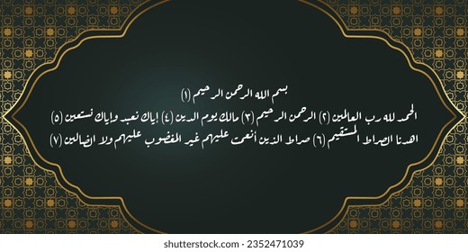 Arabische Kalligrafie mit Ornamenten, Al-Qur'an-Brief AL Fatihah, was bedeutet im Namen Allahs, der Gnazibelste, der barmherzigste.