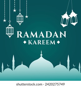 Arabic Calligraphy of Ramadan design Greeting Card. Arabic Bustan Calligraphy of "Ramadan Kareem" vector illustration Typography on a green Gradient background with Islamic Elements. EPS File format.
