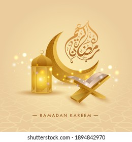 Arabic Calligraphy Of Ramadan Kareem With 3D Golden Crescent Moon, Lantern, Quran Rehal And Bokeh Effect On Yellow Background.