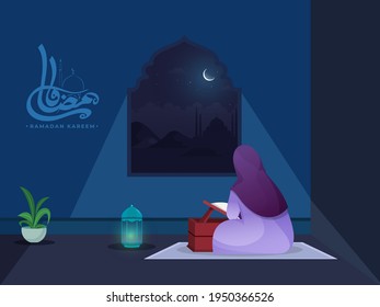 Arabische Kalligraphie von Ramadan Kareem mit Rückblick auf die muslimische Frau, die Koran liest und Laterne Laterne auf blauem nächtlichem Hintergrund.