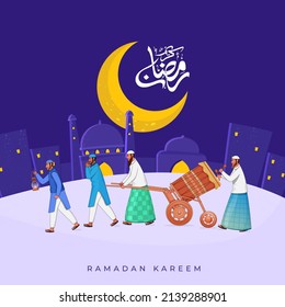 Arabic Calligraphy Of Ramadan Kareem With Crescent Moon, Islamic Men Playing Tabuh Bedug Drum And Mosque Illustration Against Blue Background.