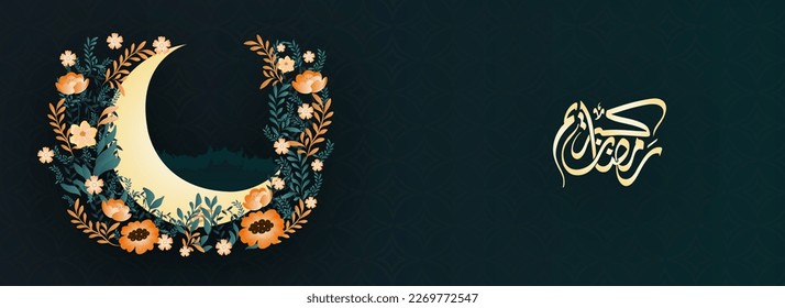 Arabic Calligraphy of Ramadan Kareem And Crescent Moon Decorated By Beautiful Florals On Dark Teal Islamic Pattern Background. Banner or Header Design.