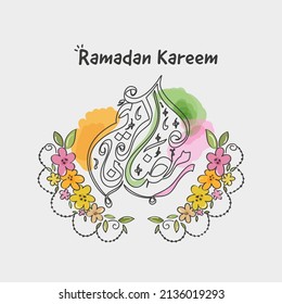 Arabische Kalligraphie des Ramadan Kareem, mit doodle-farbigen Blumen auf grauem Hintergrund dekoriert.