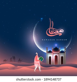 Arabic Calligraphy Of Ramadan Kareem With Exquisite Mosque And Muslim Man Playing Dhol On Nighttime Desert View Background.