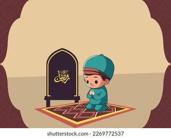 Caligrafía árabe de Ramadan Kareem dentro del arco islámico con personaje de chico musulmán ofreciendo oraciones (Namaz) en la estera contra la puerta de la cosecha islámica.