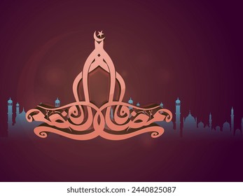 Arabic Calligraphy Of Ramadan Kareem And Stars Decorated On Brown Silhouette Mosque Background.