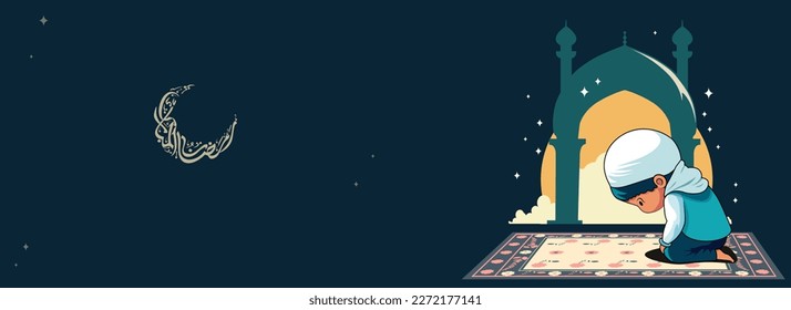 Arabic Calligraphy of Ramadan Mubarak In Crescent Moon Shape And Muslim Boy Character Offering Namaz (Prayer) On Mat In Front of Mosque Over Blue Background.