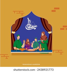 Arabic Calligraphy of Ramadan with Muslim Family Celebrating Suhur or Iftar Party at Home. Can Be Used as Greeting Card for Islamic Festival.