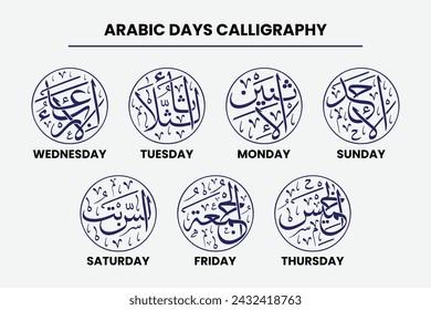 Caligrafía árabe en estilo redondeado, nombres de días en una semana, texto árabe significa: domingo, lunes, martes, miércoles, jueves, viernes y sábado