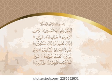 Arabic Calligraphy of Surah Al Fatiha 1, 1 to 7 of the Noble Quran. Translation, (All) praise is (due) to Allah, Lord of the worlds. The Entirely Merciful, the Especially Merciful, Sovereign of the...